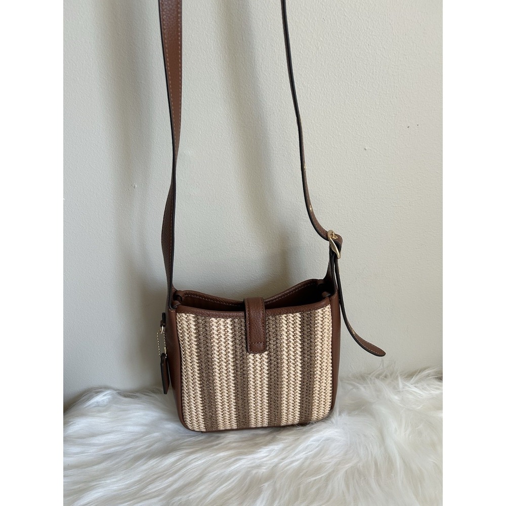 Coach Hadley Mini Straw Leather Striped Crossbody Brown Tan CM563 - Picture 3 of 11